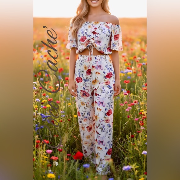 Floral Two Piece Set Off-Shoulder High Waist Pants Crop Top Blouse - Picture 1 of 10